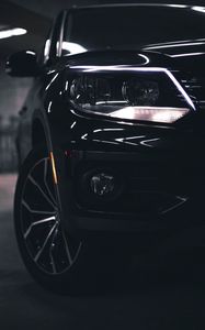 Preview wallpaper car, black, front view, headlights