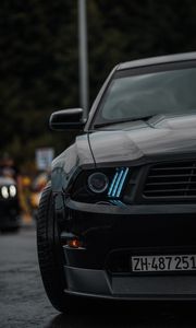 Preview wallpaper car, black, front view, headlight, backlight