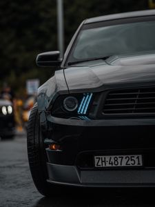 Preview wallpaper car, black, front view, headlight, backlight
