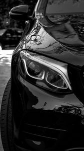 Preview wallpaper car, black, front view, headlight, bw