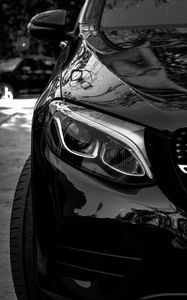 Preview wallpaper car, black, front view, headlight, bw