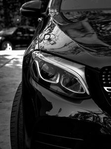 Preview wallpaper car, black, front view, headlight, bw