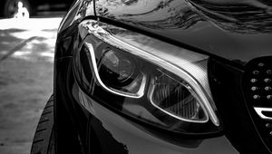 Preview wallpaper car, black, front view, headlight, bw