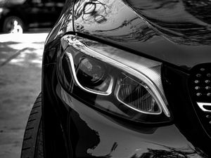 Preview wallpaper car, black, front view, headlight, bw