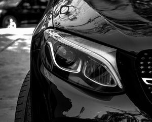 Preview wallpaper car, black, front view, headlight, bw