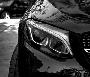 Preview wallpaper car, black, front view, headlight, bw