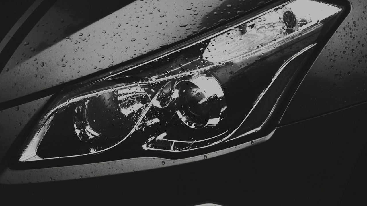 Wallpaper car, black, headlight, drops, wet