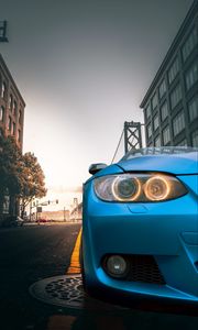Preview wallpaper car, blue, headlight, road