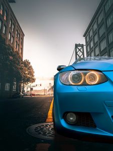 Preview wallpaper car, blue, headlight, road