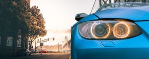 Preview wallpaper car, blue, headlight, road