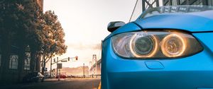 Preview wallpaper car, blue, headlight, road