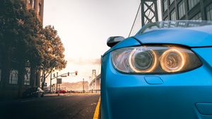 Preview wallpaper car, blue, headlight, road