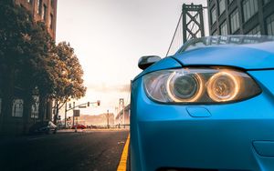 Preview wallpaper car, blue, headlight, road