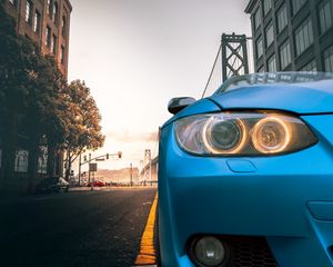 Preview wallpaper car, blue, headlight, road