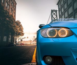Preview wallpaper car, blue, headlight, road