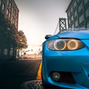 Preview wallpaper car, blue, headlight, road
