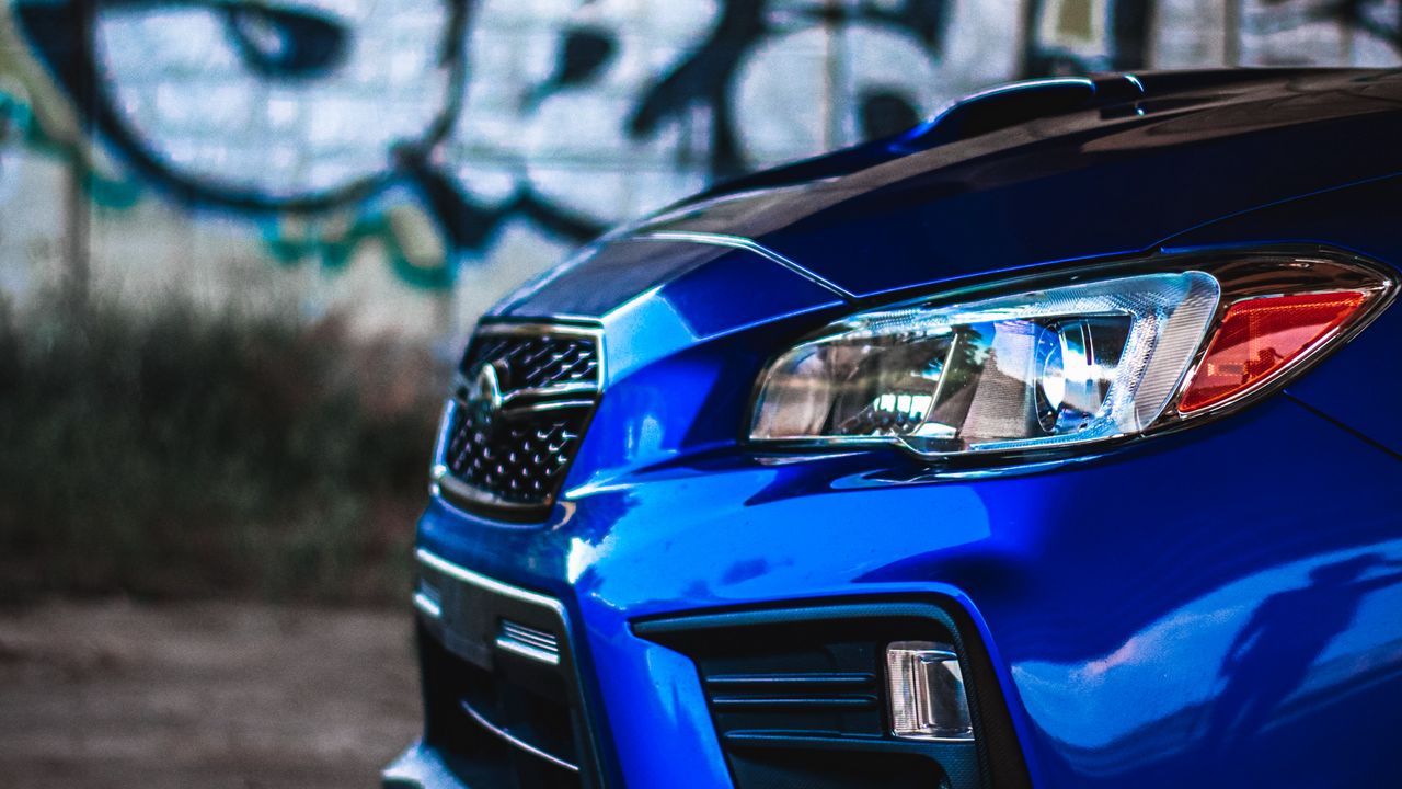 Wallpaper car, blue, headlight, graffiti