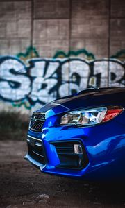 Preview wallpaper car, blue, headlight, graffiti