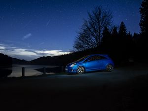 Preview wallpaper car, blue, side view, dark, night