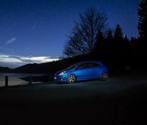 Preview wallpaper car, blue, side view, dark, night