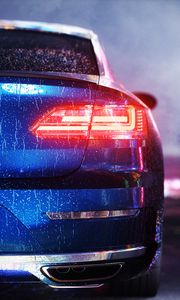 Preview wallpaper car, blue, wet, rear view, backlight, light