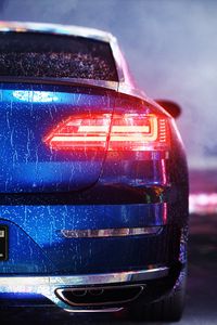 Preview wallpaper car, blue, wet, rear view, backlight, light
