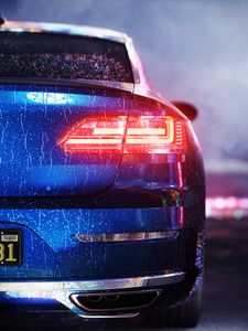 Preview wallpaper car, blue, wet, rear view, backlight, light