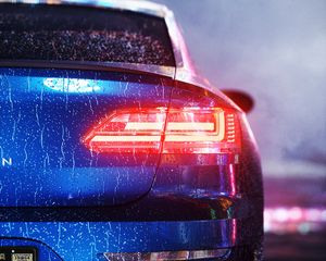 Preview wallpaper car, blue, wet, rear view, backlight, light