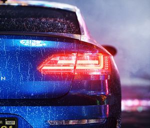 Preview wallpaper car, blue, wet, rear view, backlight, light