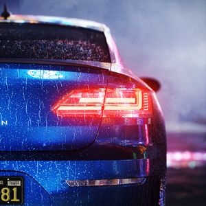 Preview wallpaper car, blue, wet, rear view, backlight, light