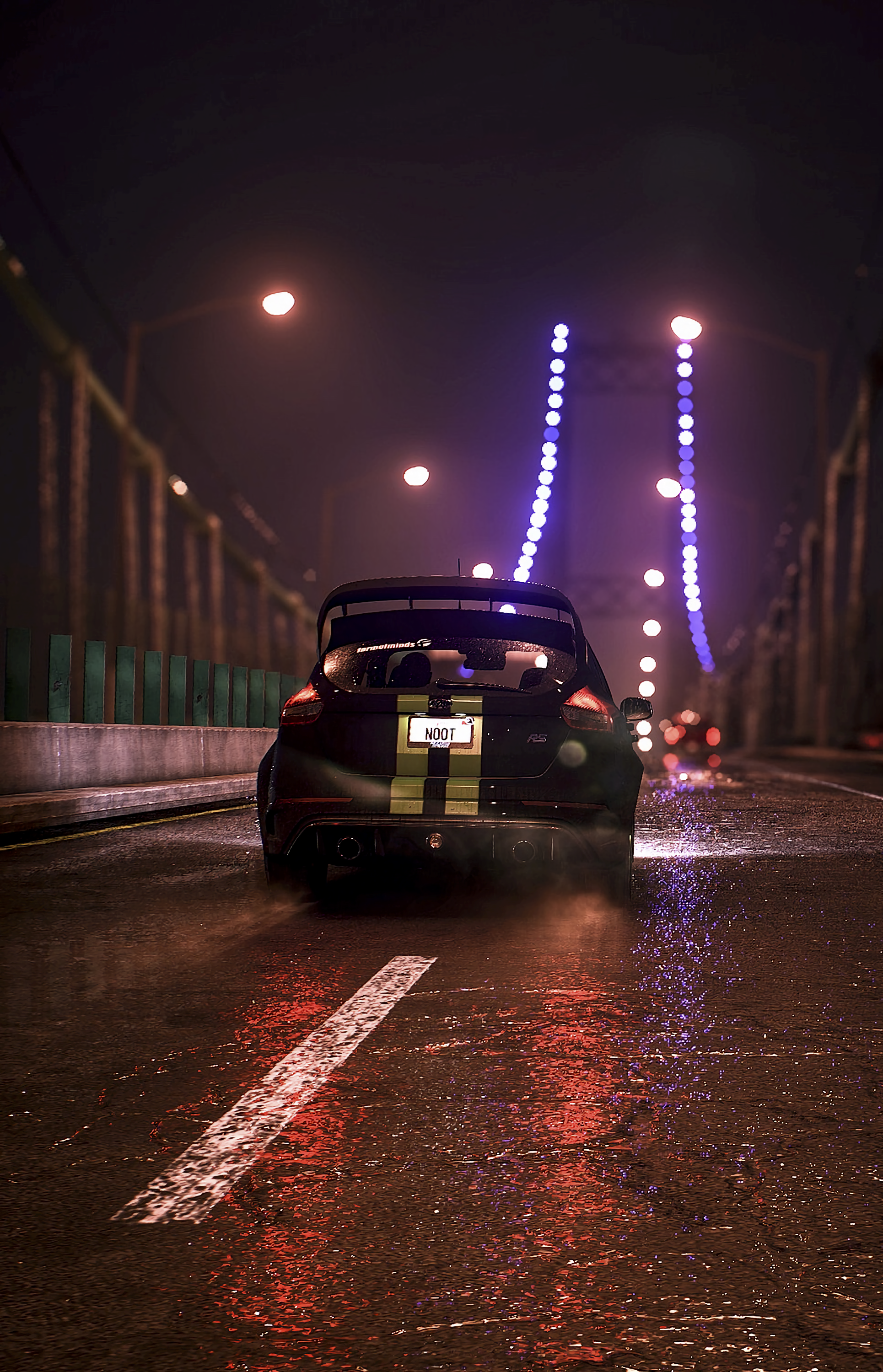 Download wallpaper 1930x3000 car, bridge, night, art, rain hd background