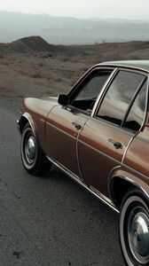 Preview wallpaper car, brown, retro, road, mountains