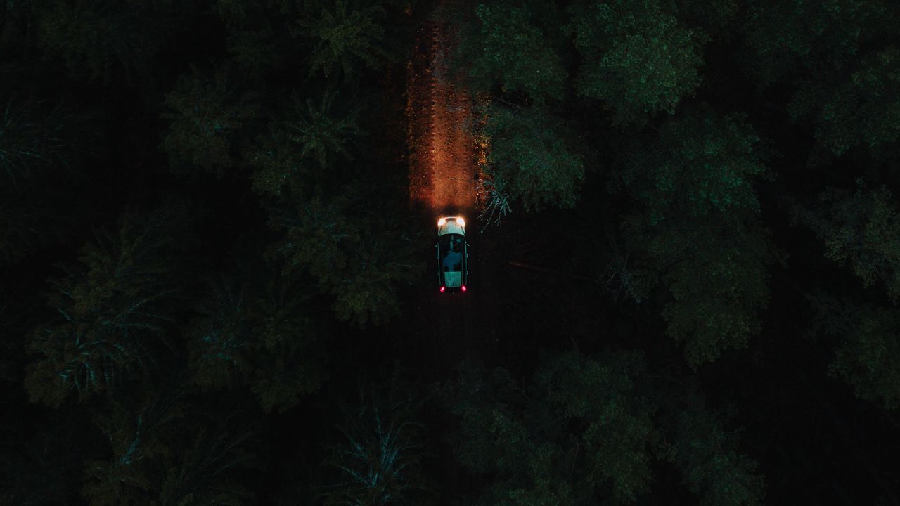 Wallpaper car, forest, aerial view, trees, road, dark