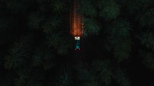Preview wallpaper car, forest, aerial view, trees, road, dark