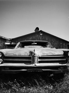 Preview wallpaper car, front view, retro, old, black and white