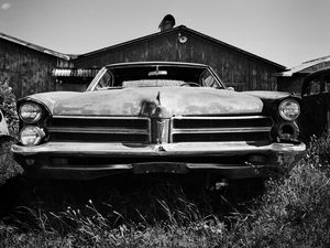 Preview wallpaper car, front view, retro, old, black and white