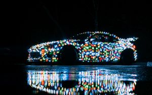 Preview wallpaper car, garland, glow, reflection, night