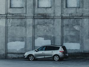 Preview wallpaper car, gray, parking, wall, architecture