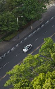 Preview wallpaper car, gray, road, trees, aerial view