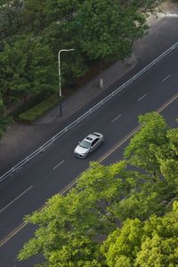 Preview wallpaper car, gray, road, trees, aerial view