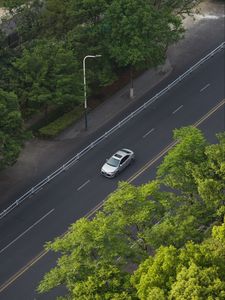 Preview wallpaper car, gray, road, trees, aerial view