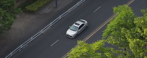 Preview wallpaper car, gray, road, trees, aerial view