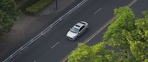 Preview wallpaper car, gray, road, trees, aerial view