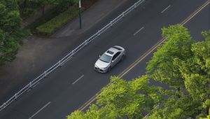 Preview wallpaper car, gray, road, trees, aerial view