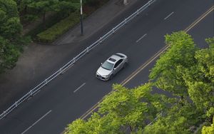 Preview wallpaper car, gray, road, trees, aerial view