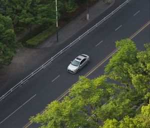 Preview wallpaper car, gray, road, trees, aerial view