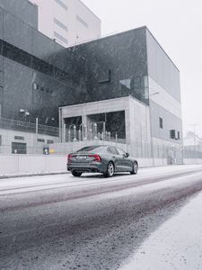 Preview wallpaper car, gray, street, snow