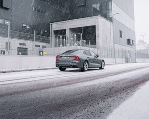 Preview wallpaper car, gray, street, snow