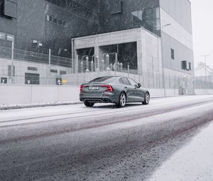 Preview wallpaper car, gray, street, snow