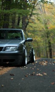 Preview wallpaper car, gray, tuning, road, fallen leaves